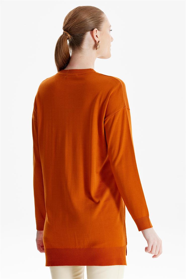 Deri Cep Detaylı Triko Tunik ORANJ