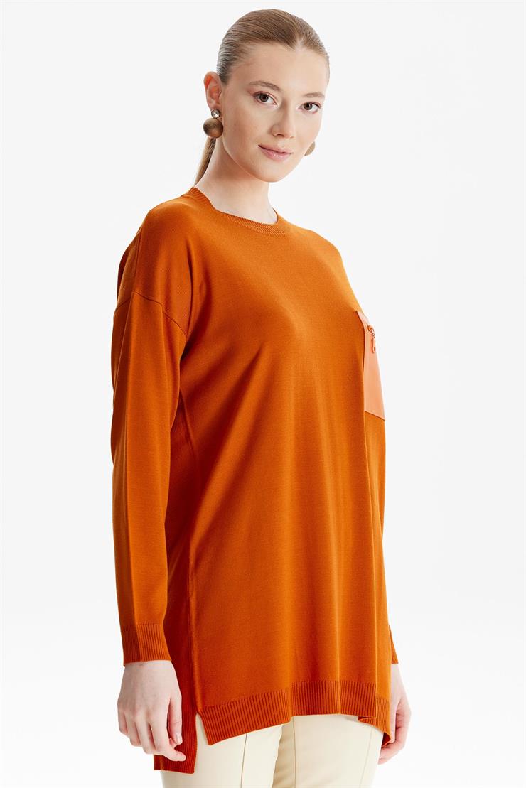 Deri Cep Detaylı Triko Tunik ORANJ