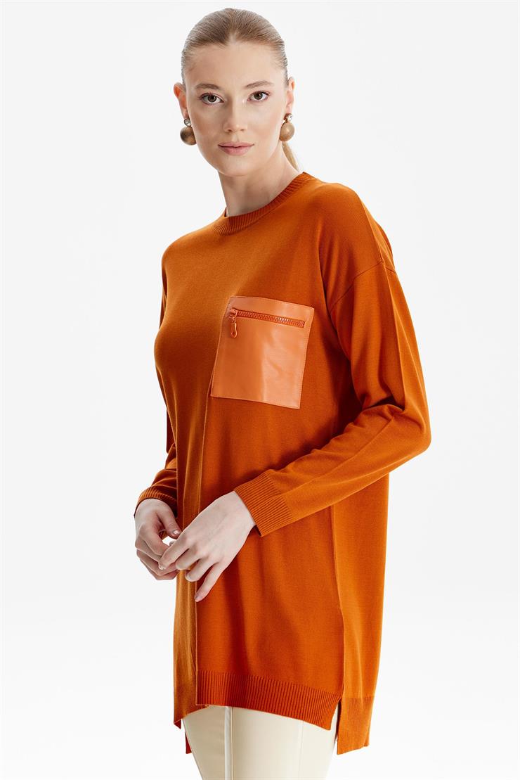 Deri Cep Detaylı Triko Tunik ORANJ