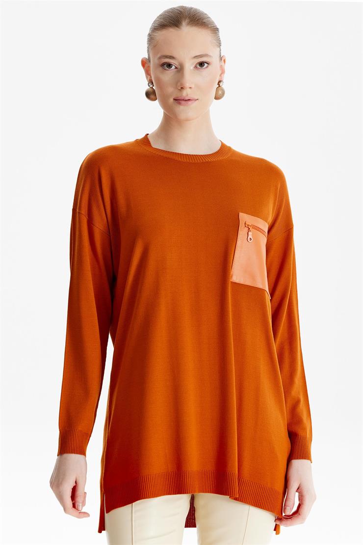 Deri Cep Detaylı Triko Tunik ORANJ
