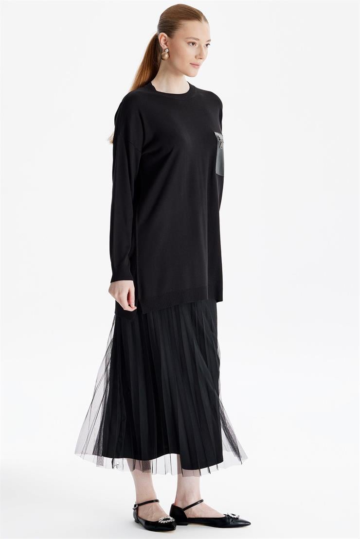 Deri Cep Detaylı Triko Tunik SİYAH