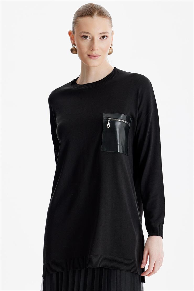 Deri Cep Detaylı Triko Tunik SİYAH