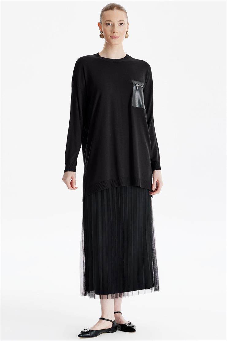 Deri Cep Detaylı Triko Tunik SİYAH