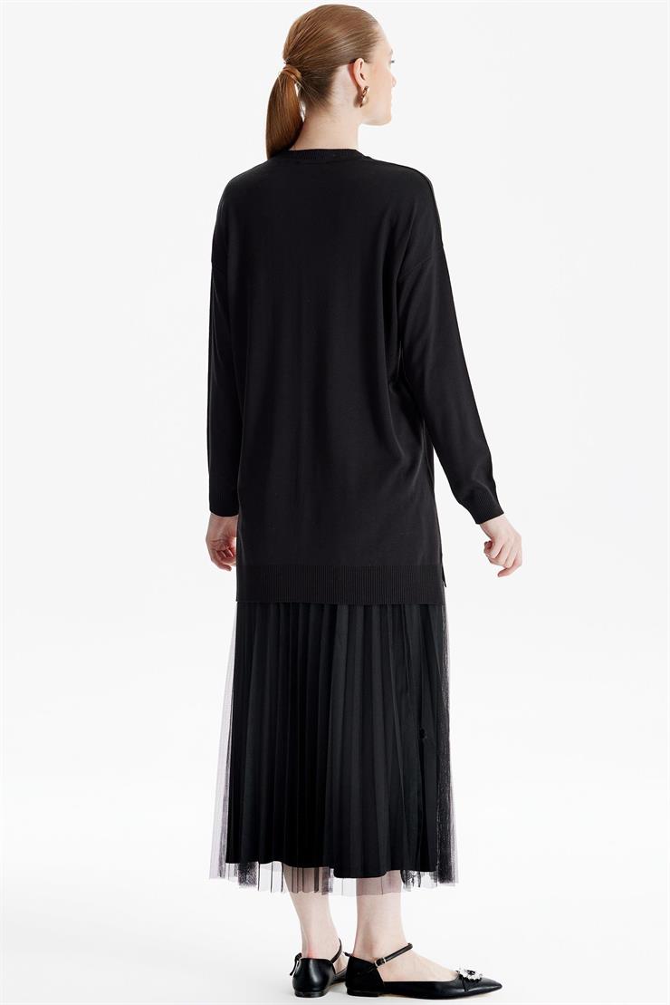 Deri Cep Detaylı Triko Tunik SİYAH