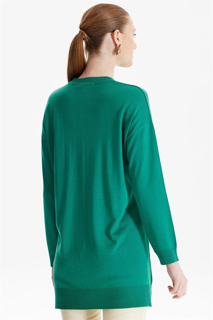 Deri Cep Detaylı Triko Tunik YEŞİL