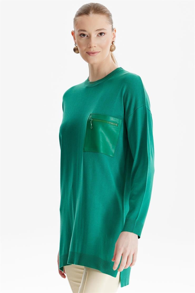 Deri Cep Detaylı Triko Tunik YEŞİL
