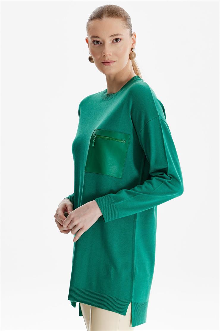 Deri Cep Detaylı Triko Tunik YEŞİL