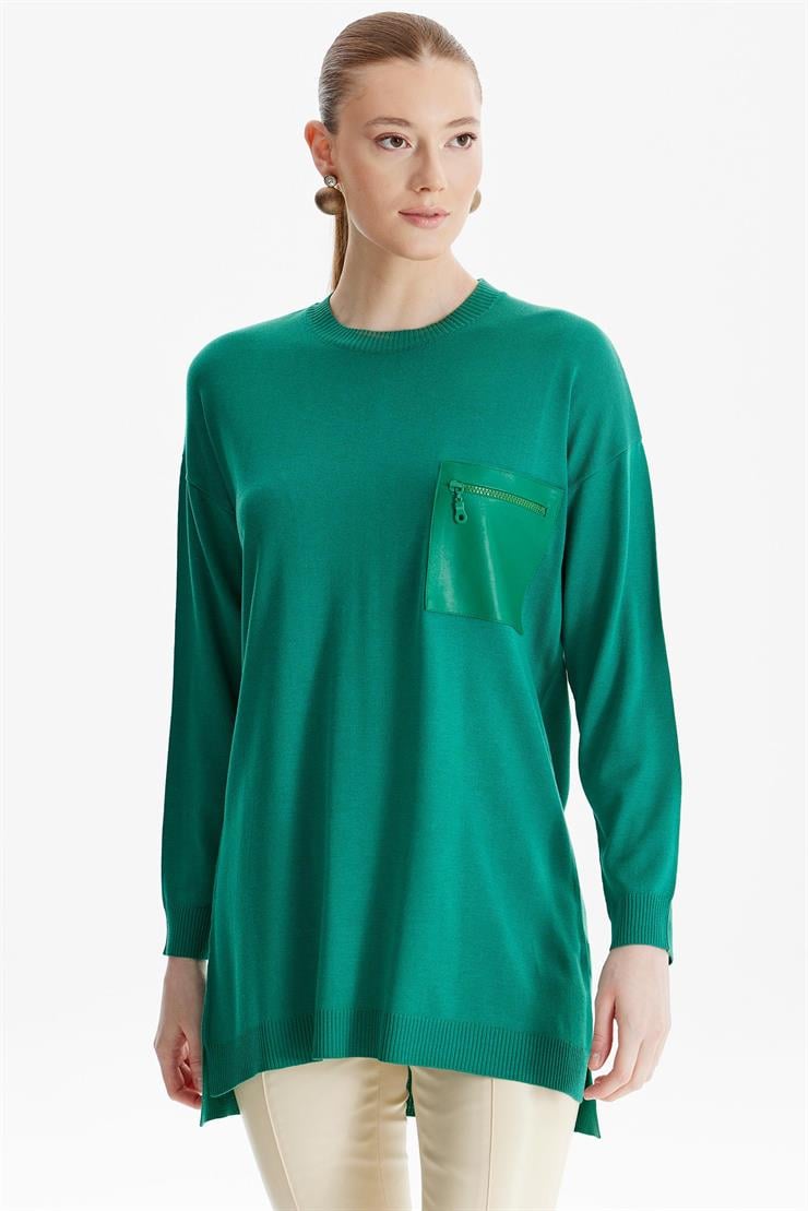 Deri Cep Detaylı Triko Tunik YEŞİL