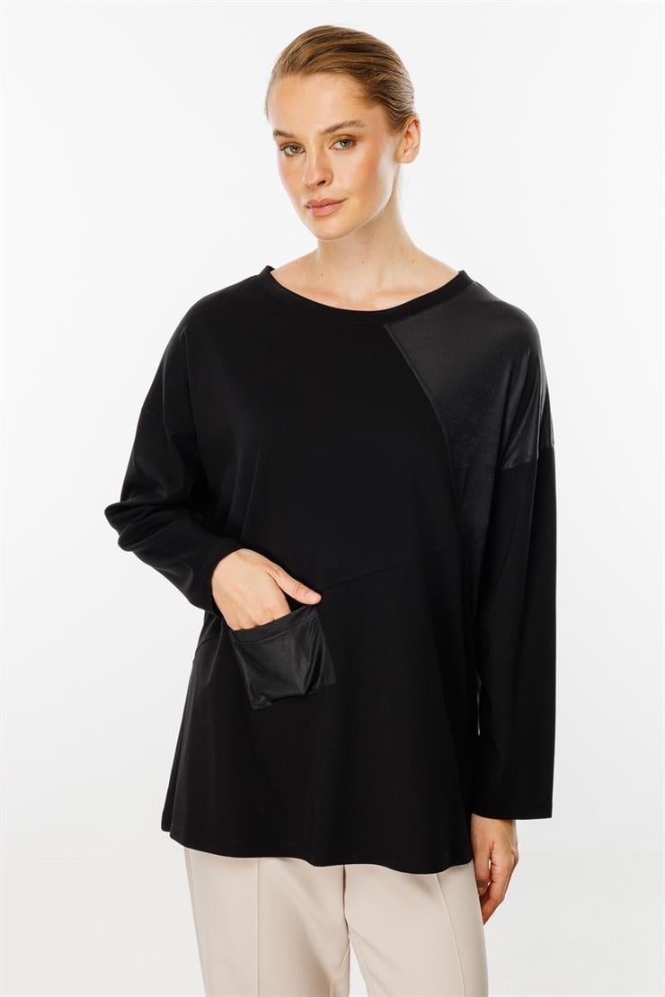 Deri Detaylı Ceplı Bluz-SİYAH