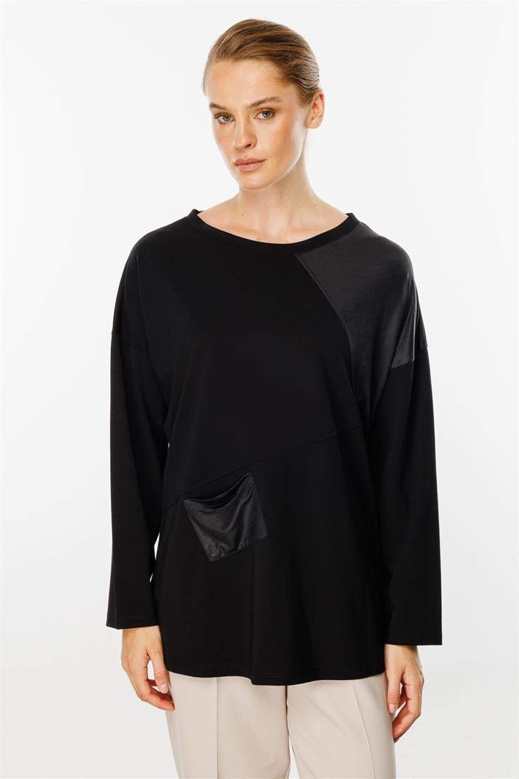 Deri Detaylı Ceplı Bluz-SİYAH