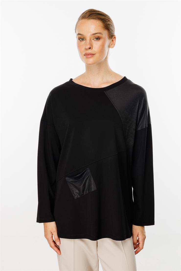 Deri Detaylı Ceplı Bluz-SİYAH