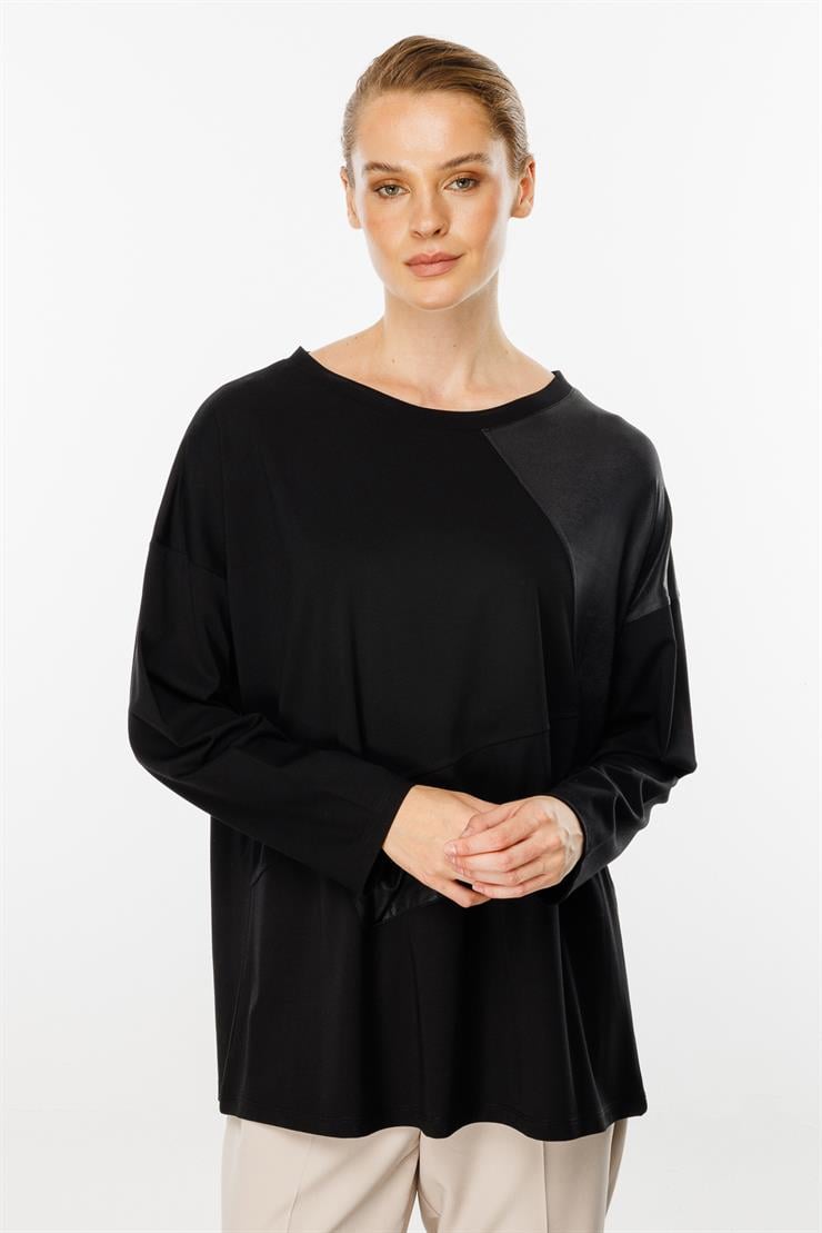 Deri Detaylı Ceplı Bluz-SİYAH