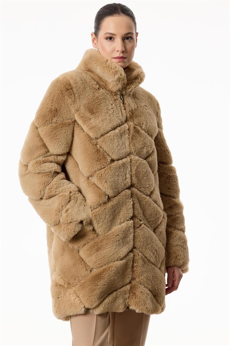 Deri Detaylı Verev Çizgili Kürk Kaban CAMEL