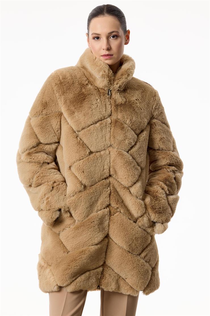 Deri Detaylı Verev Çizgili Kürk Kaban CAMEL