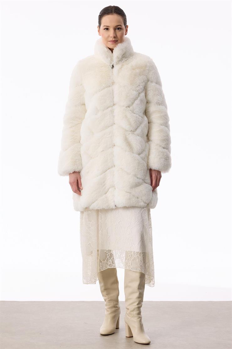 Deri Detaylı Verev Çizgili Kürk Kaban EKRU