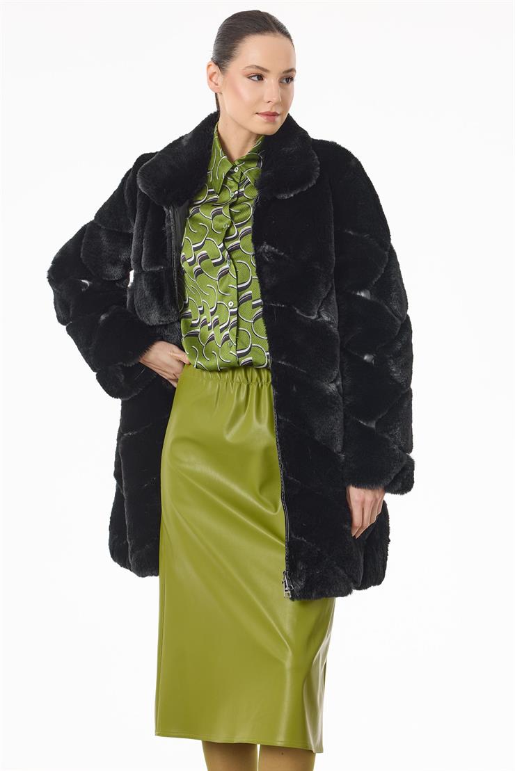 Deri Detaylı Verev Çizgili Kürk Kaban SİYAH