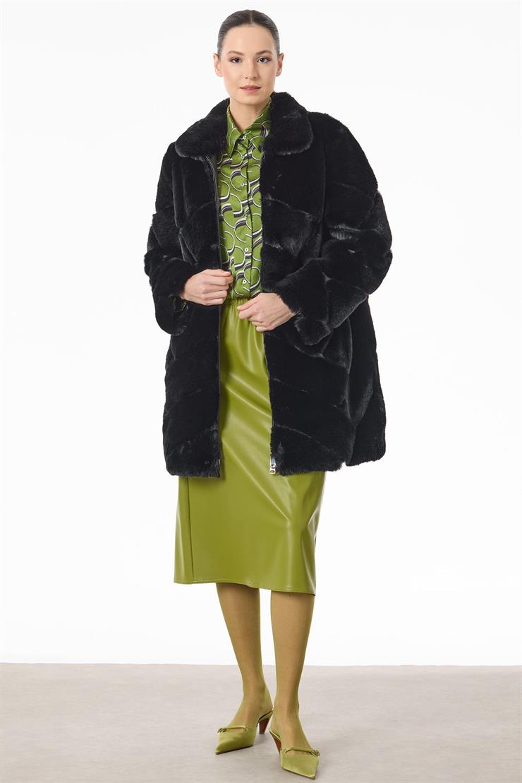 Deri Detaylı Verev Çizgili Kürk Kaban SİYAH