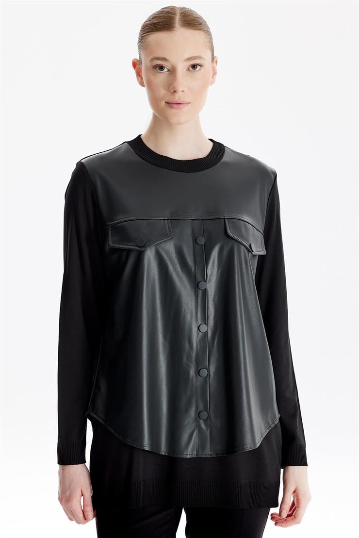 Deri Gömlek Detaylı Triko Tunik SİYAH