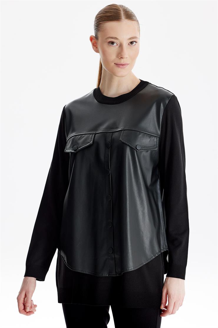Deri Gömlek Detaylı Triko Tunik SİYAH