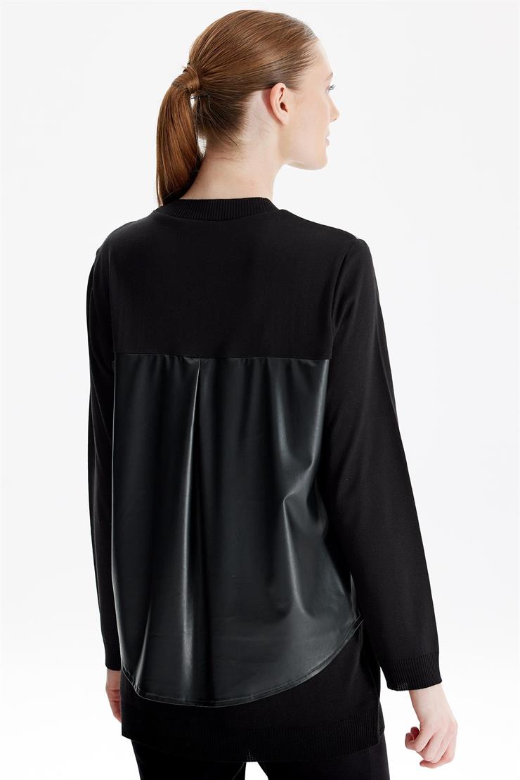Deri Gömlek Detaylı Triko Tunik SİYAH