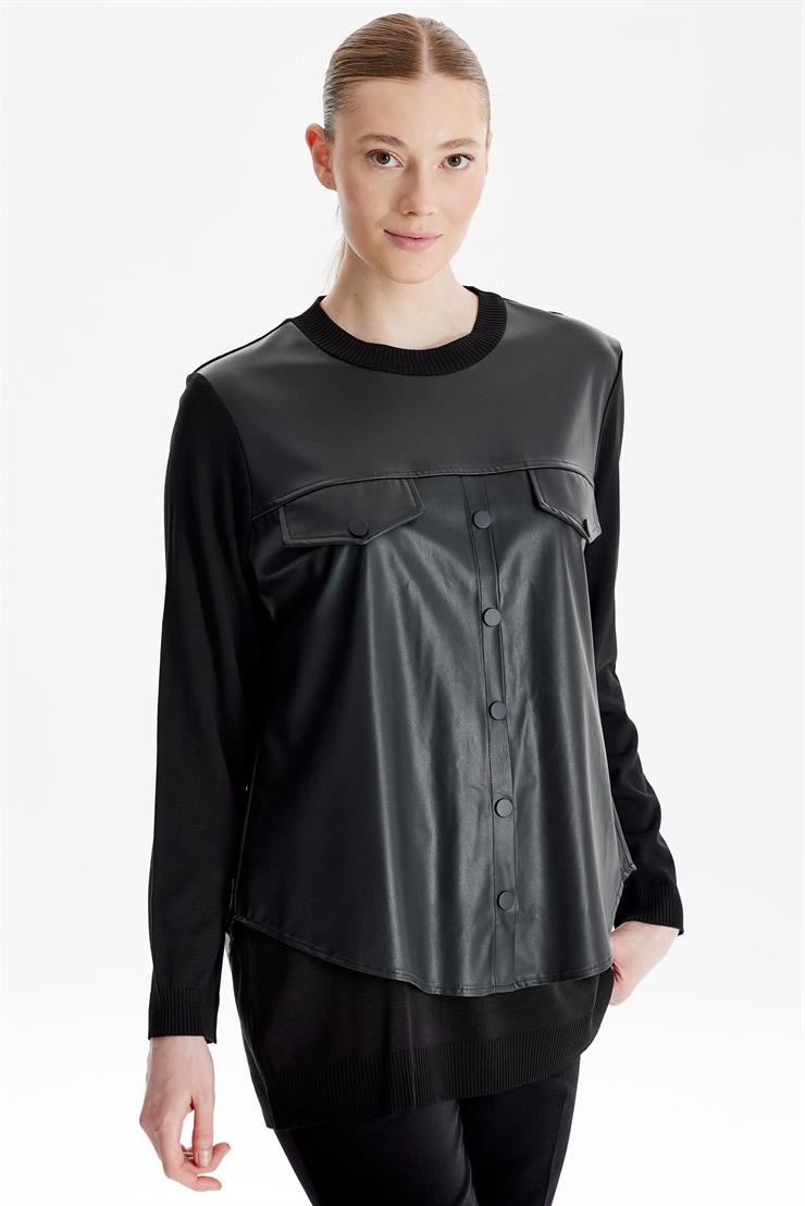 Deri Gömlek Detaylı Triko Tunik SİYAH