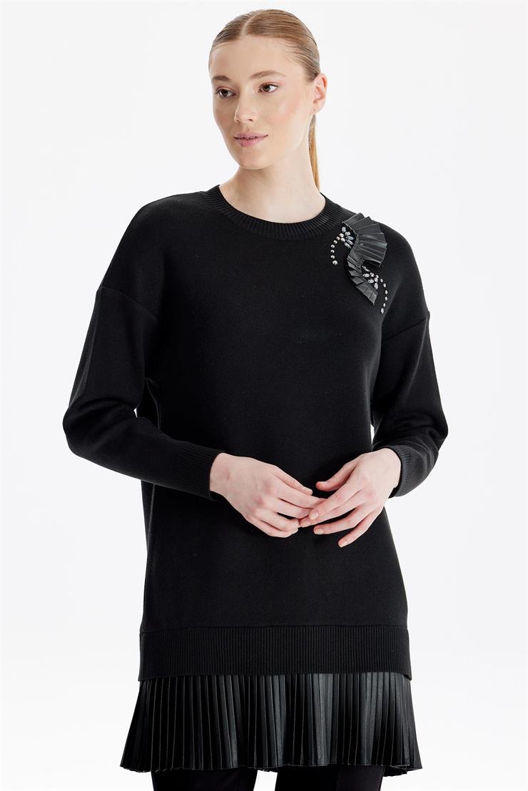 Deri Piliseli Triko Tunik SİYAH