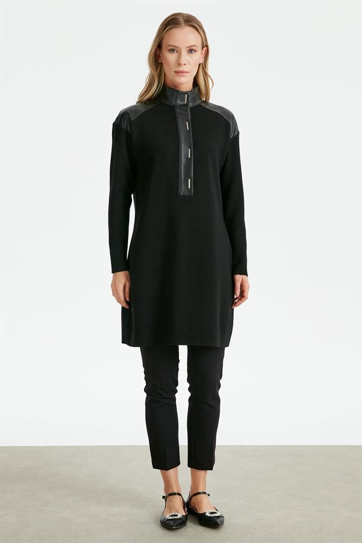 Deri Yarım Patlı Triko Tunik SİYAH