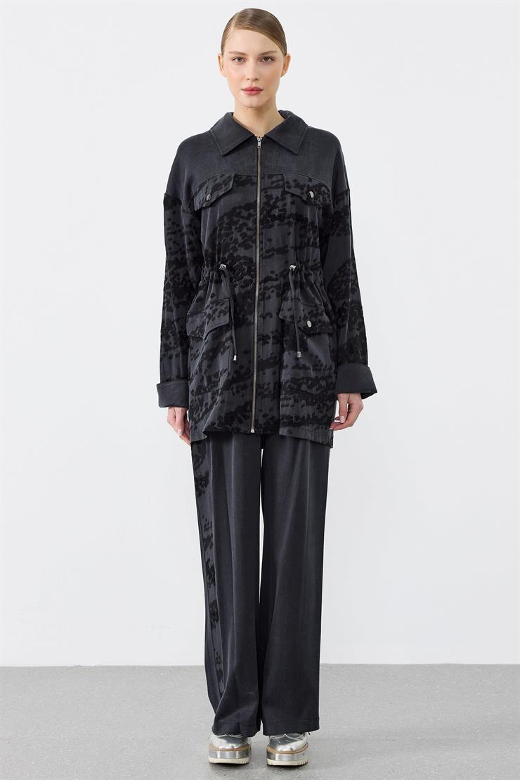 Desen Kombinli Metal Aksesuarlı Pantolonlu Takım SİYAH