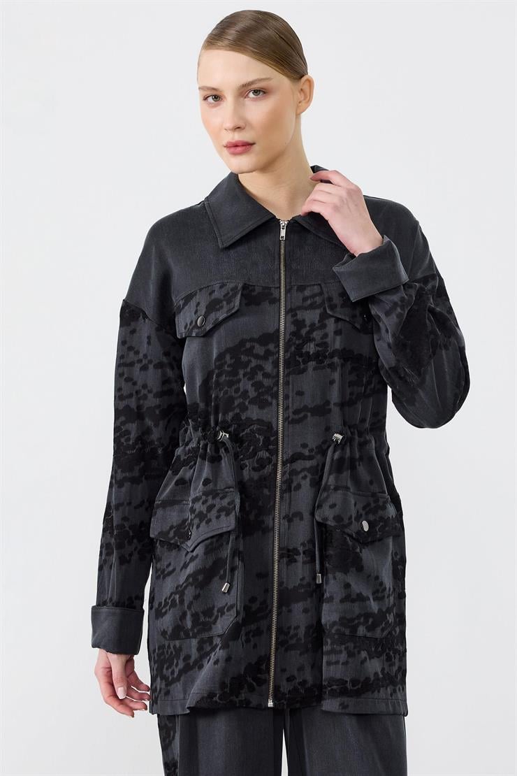 Desen Kombinli Metal Aksesuarlı Pantolonlu Takım SİYAH