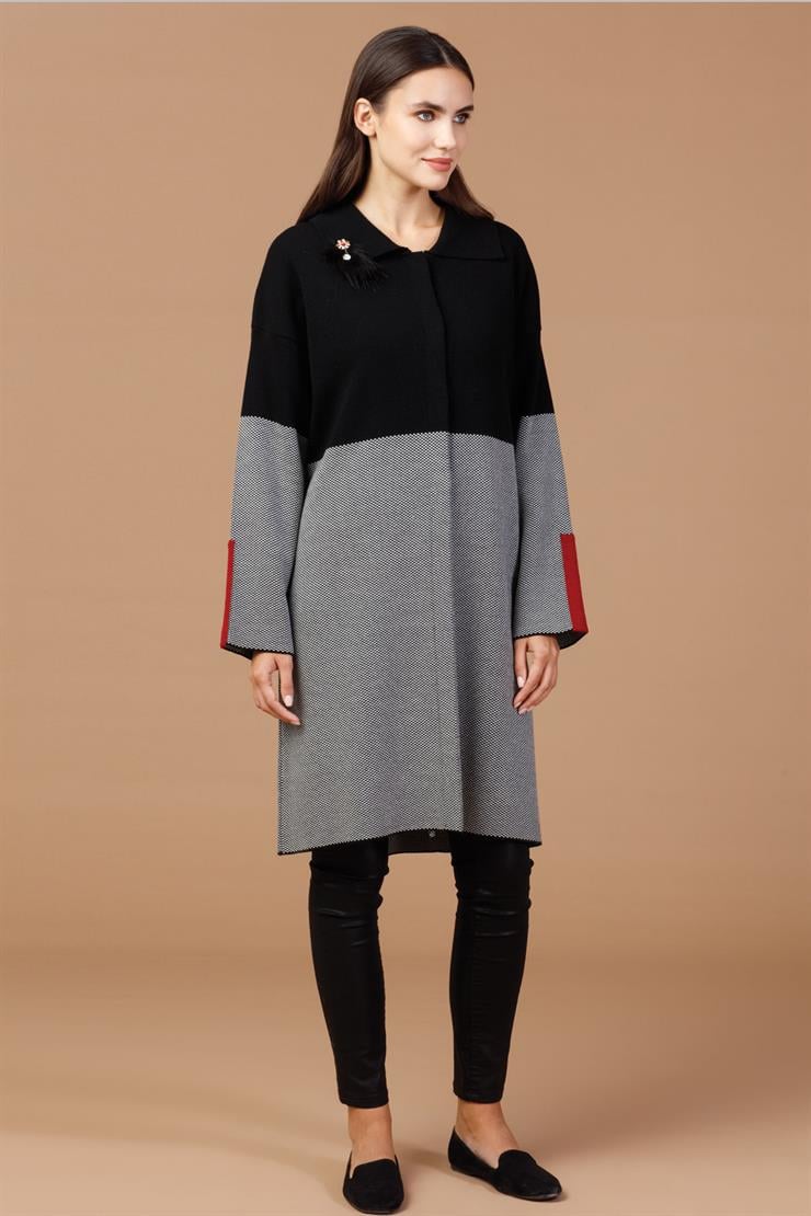 Desenli Gömlek Yaka Triko Hırka-Siyah-Ekru