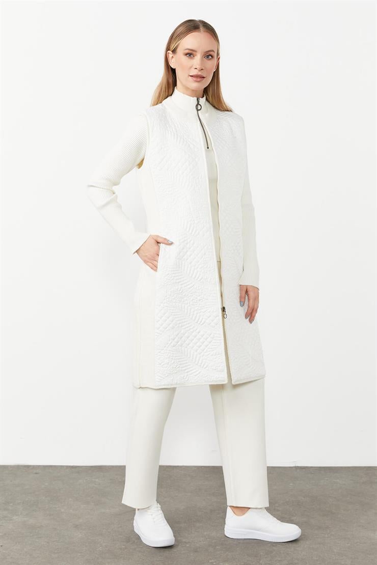 Desenli Kapitone Uzun Yelek-EKRU