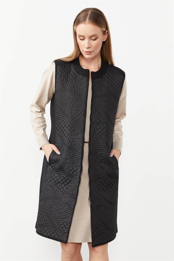 Desenli Kapitone Uzun Yelek-SİYAH