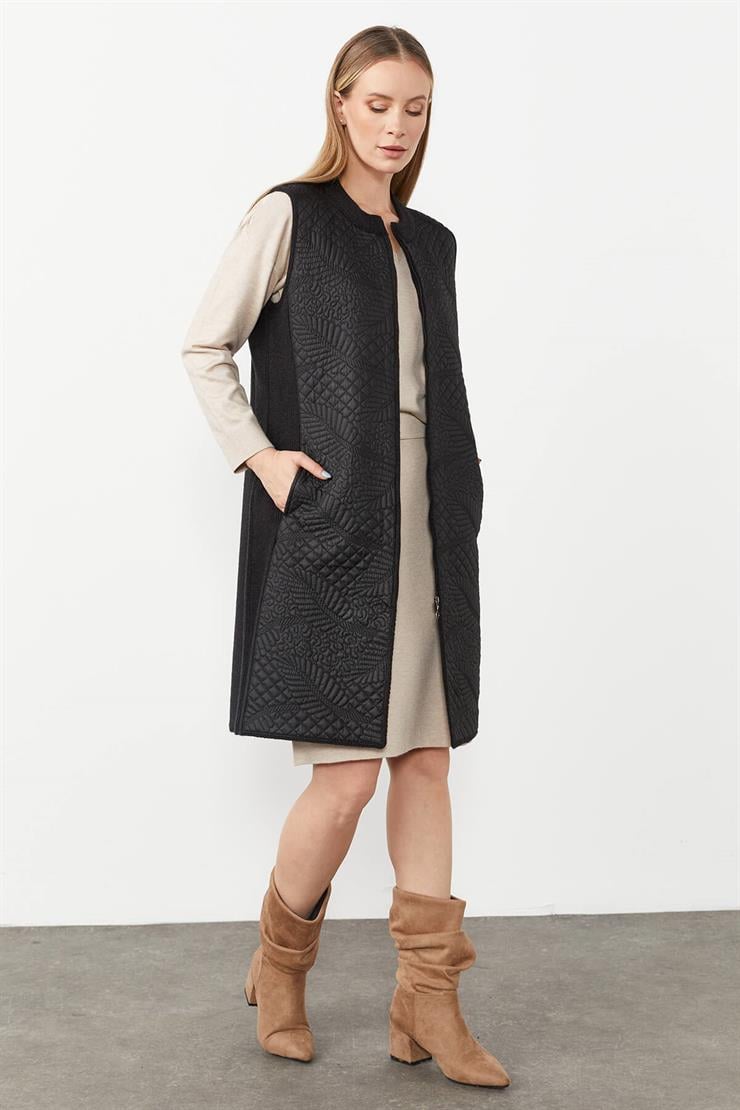 Desenli Kapitone Uzun Yelek-SİYAH