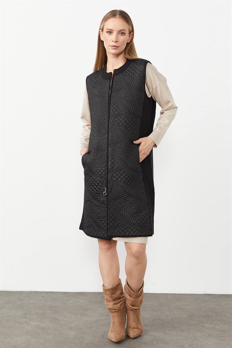 Desenli Kapitone Uzun Yelek-SİYAH