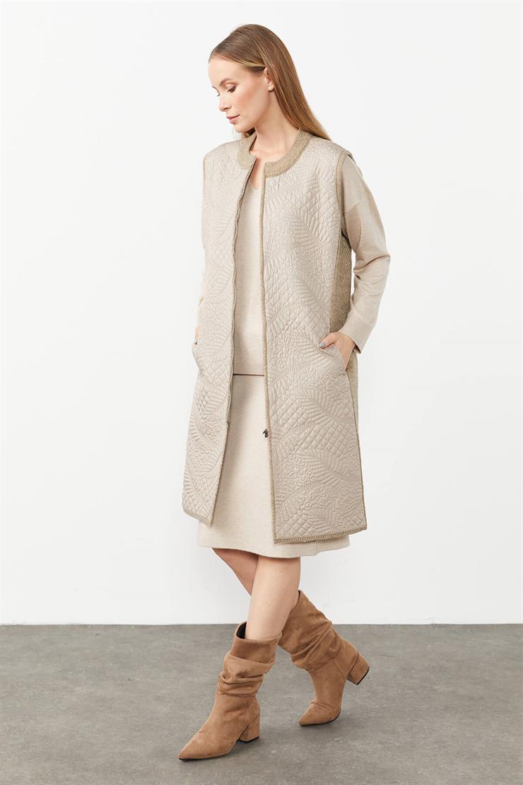 Desenli Kapitone Uzun Yelek-VİZON