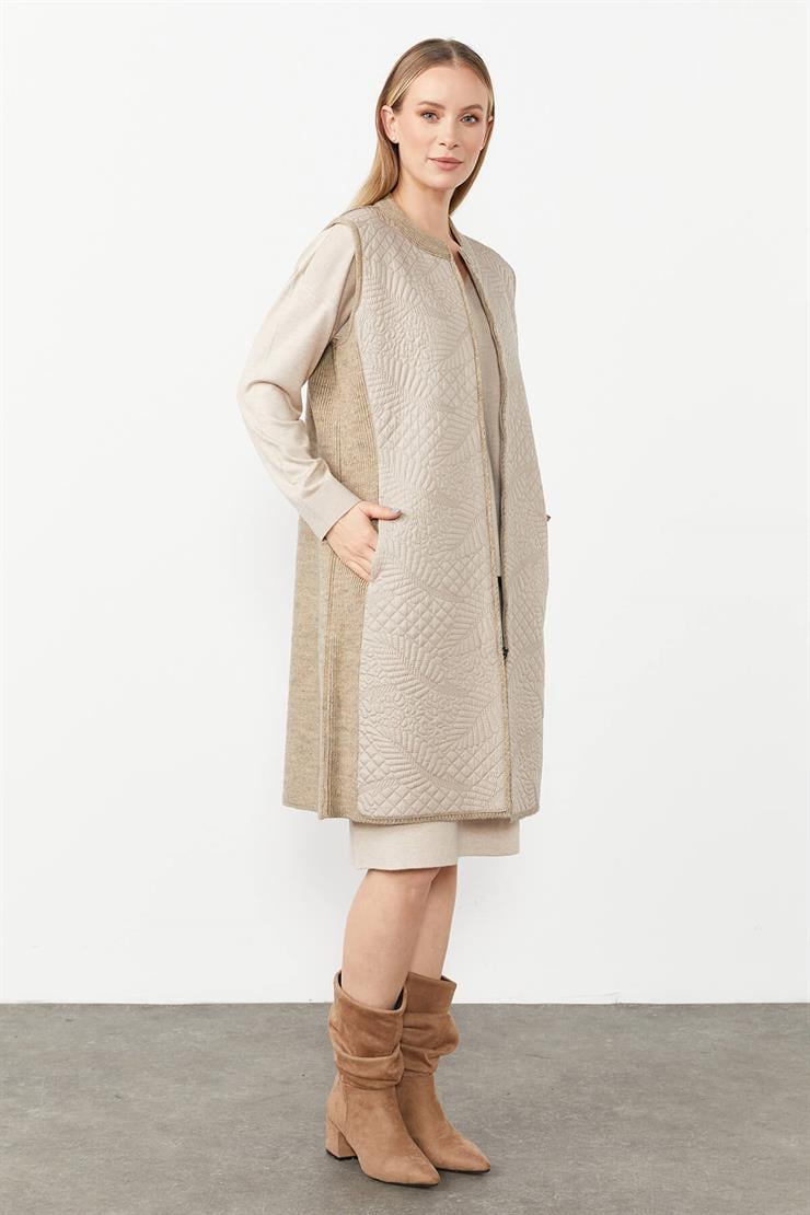 Desenli Kapitone Uzun Yelek-VİZON