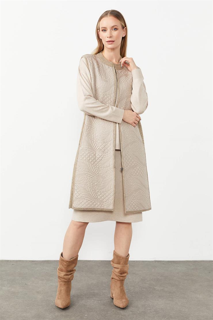 Desenli Kapitone Uzun Yelek-VİZON