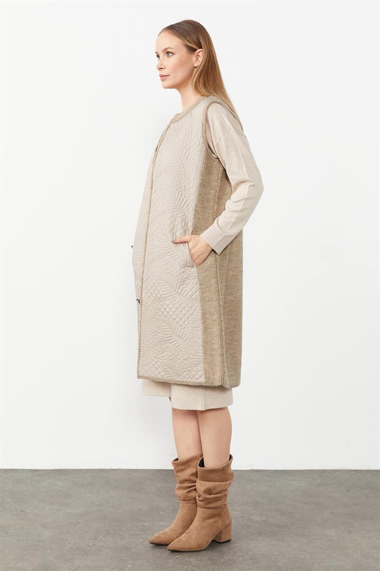 Desenli Kapitone Uzun Yelek-VİZON