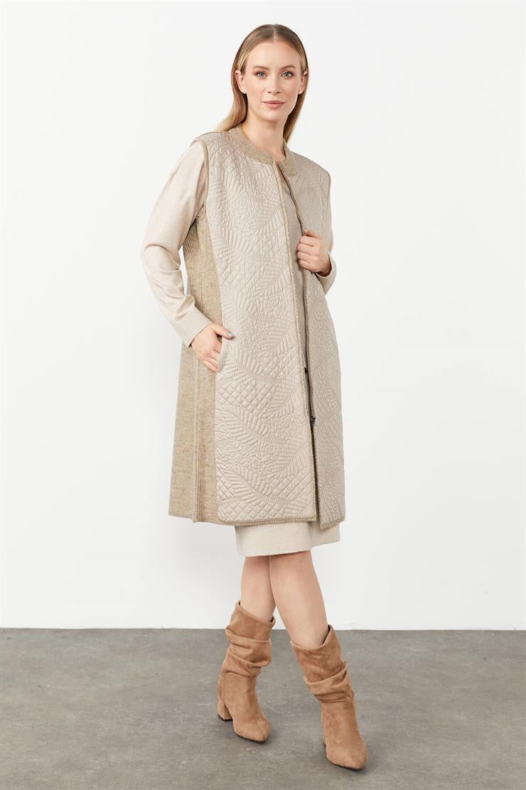 Desenli Kapitone Uzun Yelek-VİZON