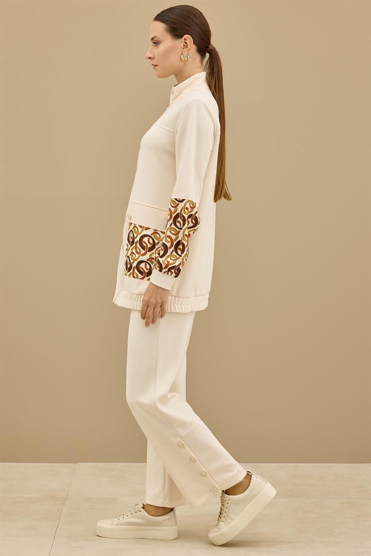 Desenli Kumaş Bloklu Pantolonu Takım BEJ
