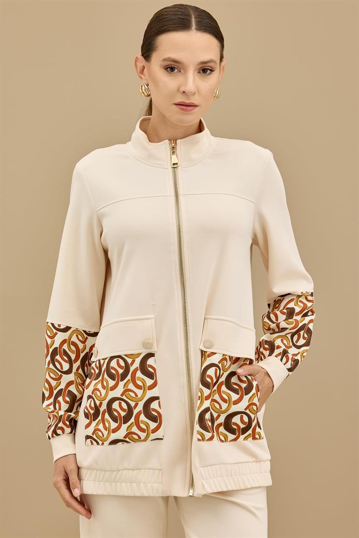 Desenli Kumaş Bloklu Pantolonu Takım BEJ