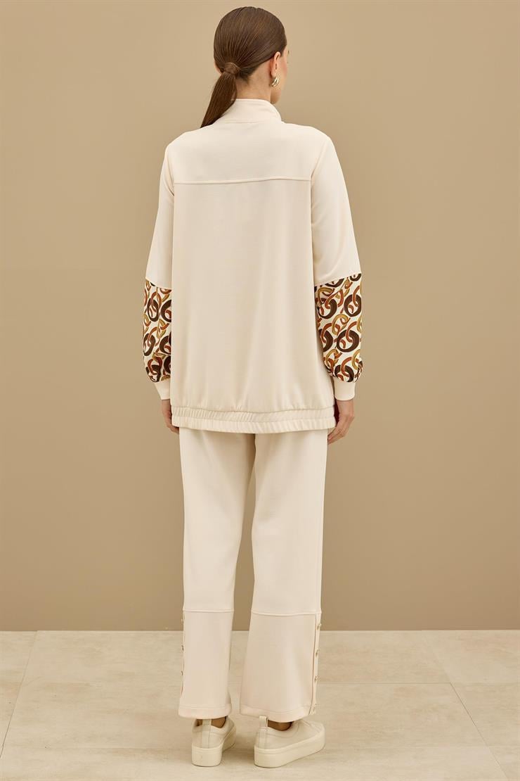 Desenli Kumaş Bloklu Pantolonu Takım BEJ