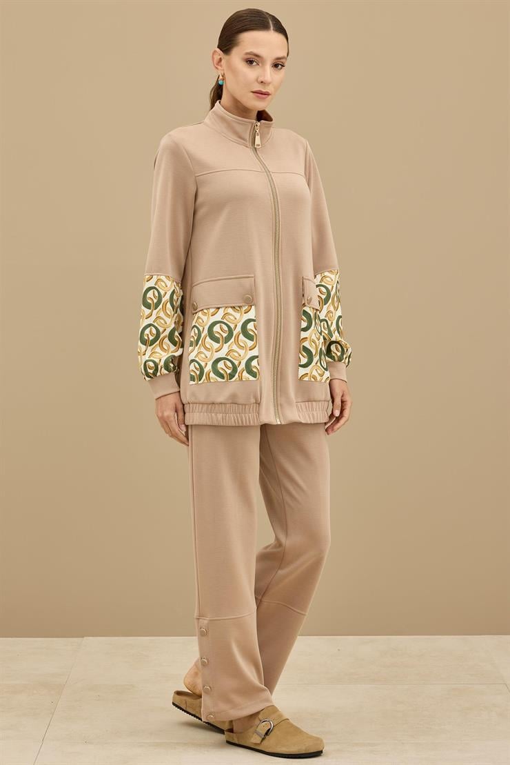Desenli Kumaş Bloklu Pantolonu Takım CAMEL