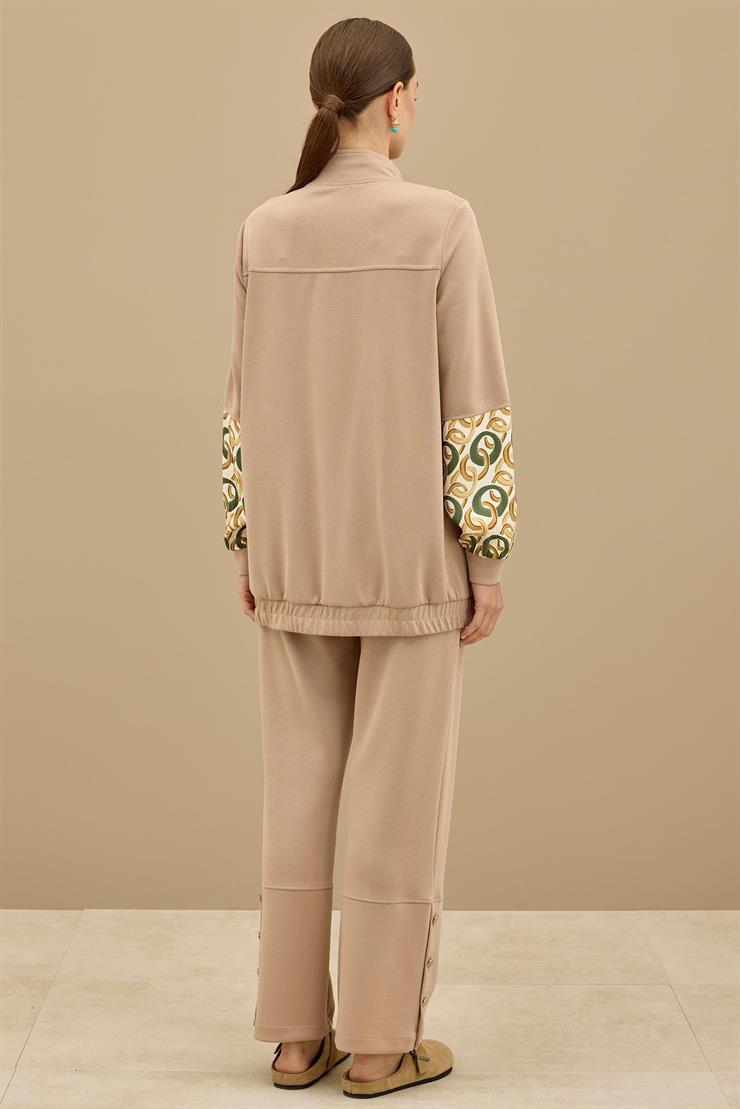 Desenli Kumaş Bloklu Pantolonu Takım CAMEL