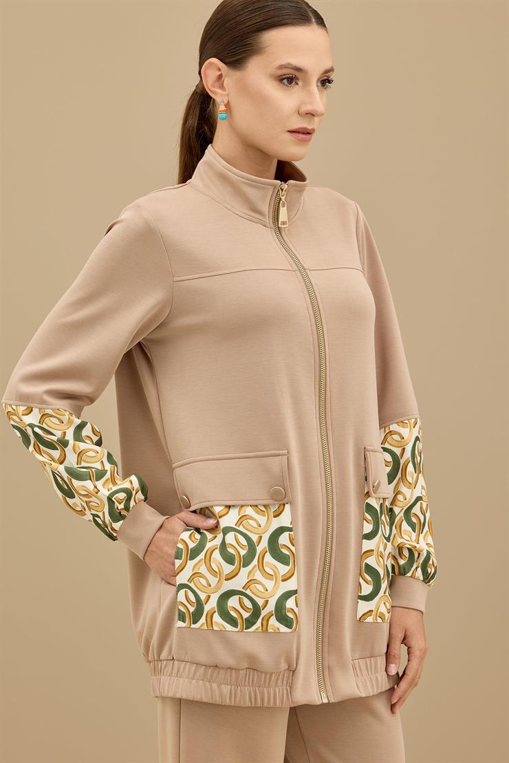 Desenli Kumaş Bloklu Pantolonu Takım CAMEL