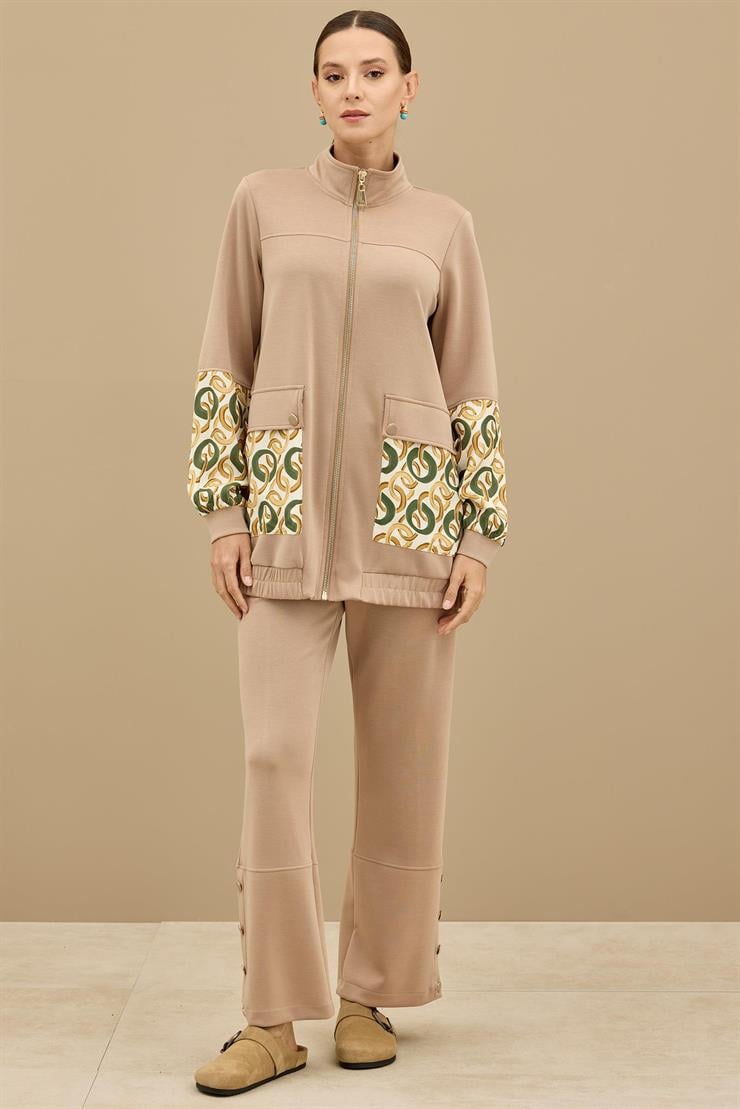 Desenli Kumaş Bloklu Pantolonu Takım CAMEL