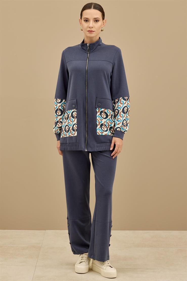 Desenli Kumaş Bloklu Pantolonu Takım LACİVERT