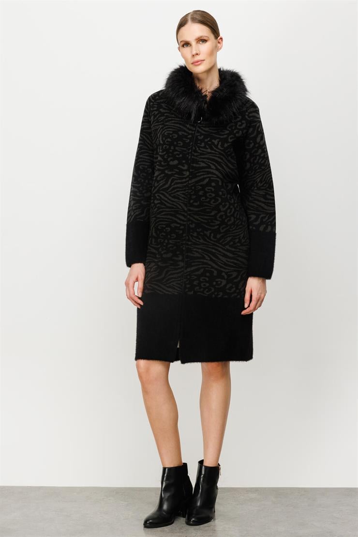 Desenli Kürk Yaka Detaylı Triko Hırka-Siyah-Füme