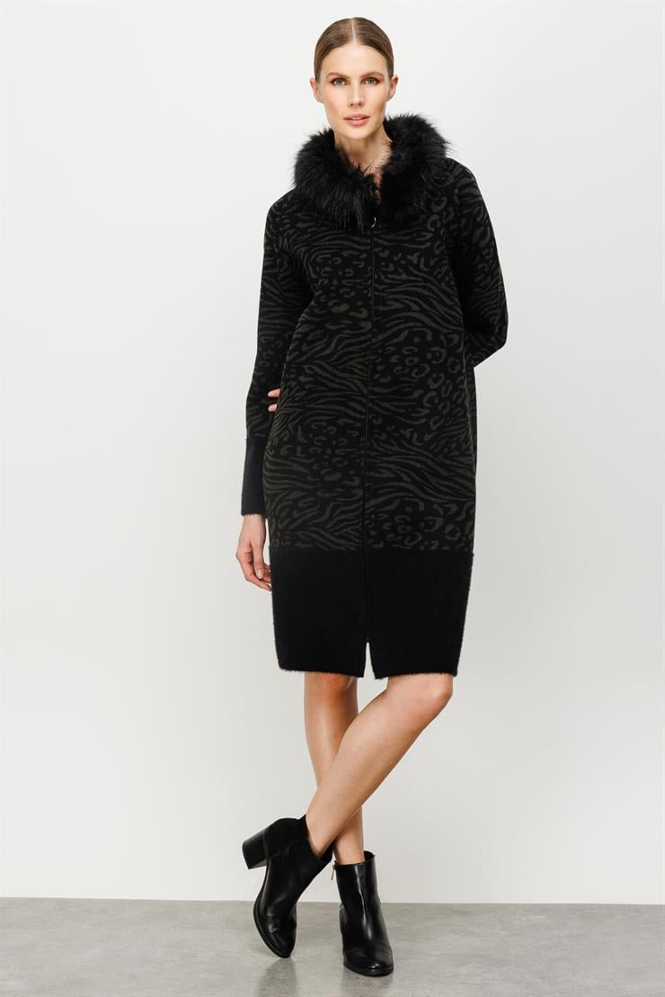 Desenli Kürk Yaka Detaylı Triko Hırka-Siyah-Füme