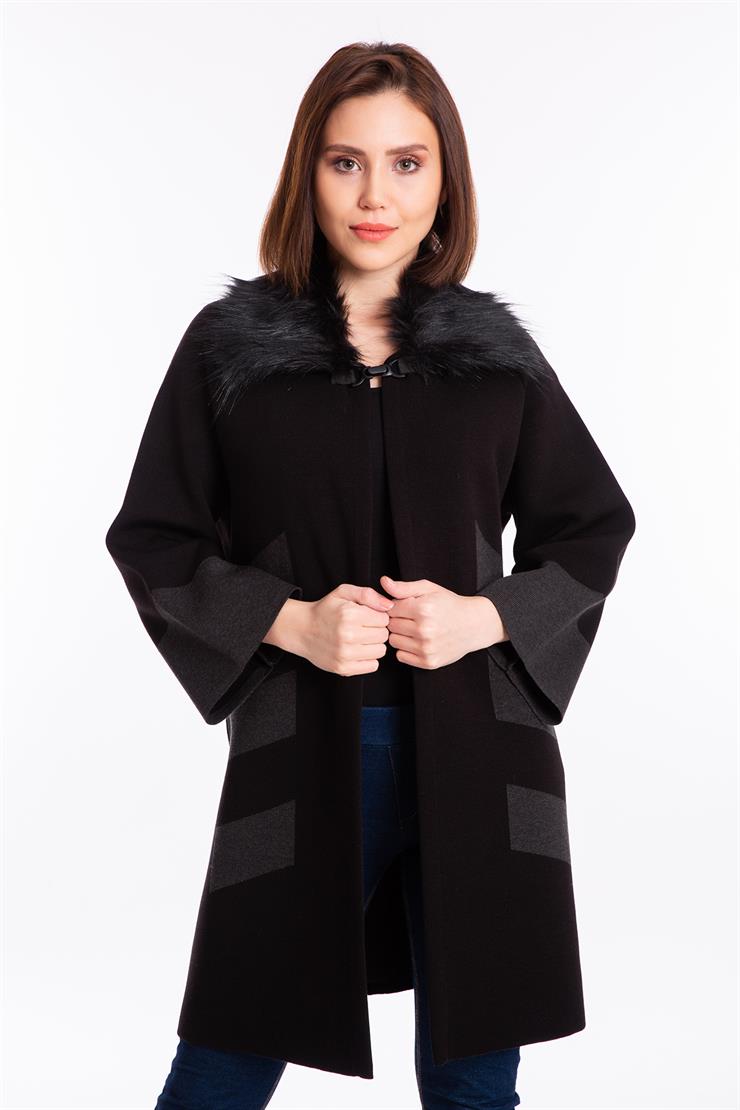 Desenli Kürklü Hırka-Siyah-Füme